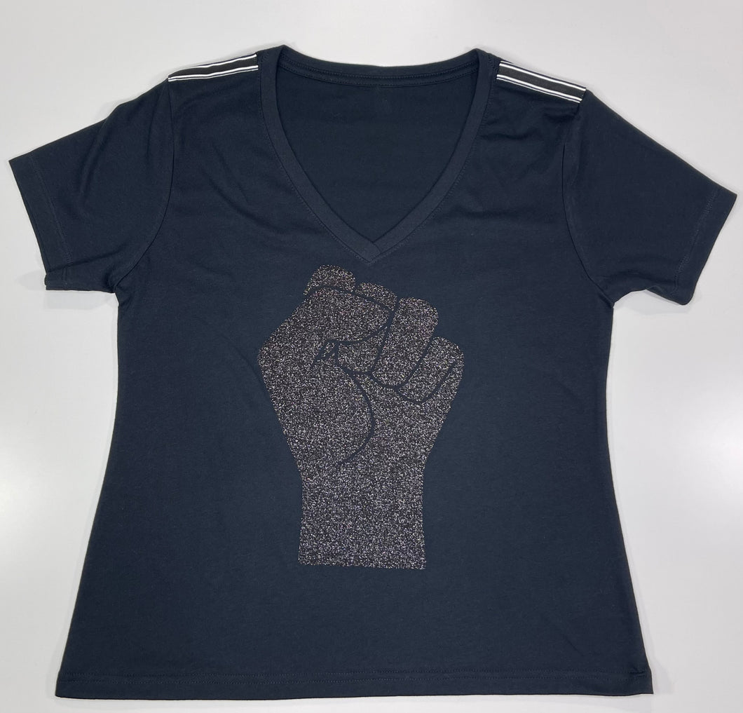 Women's Black Glitter Fist Tee